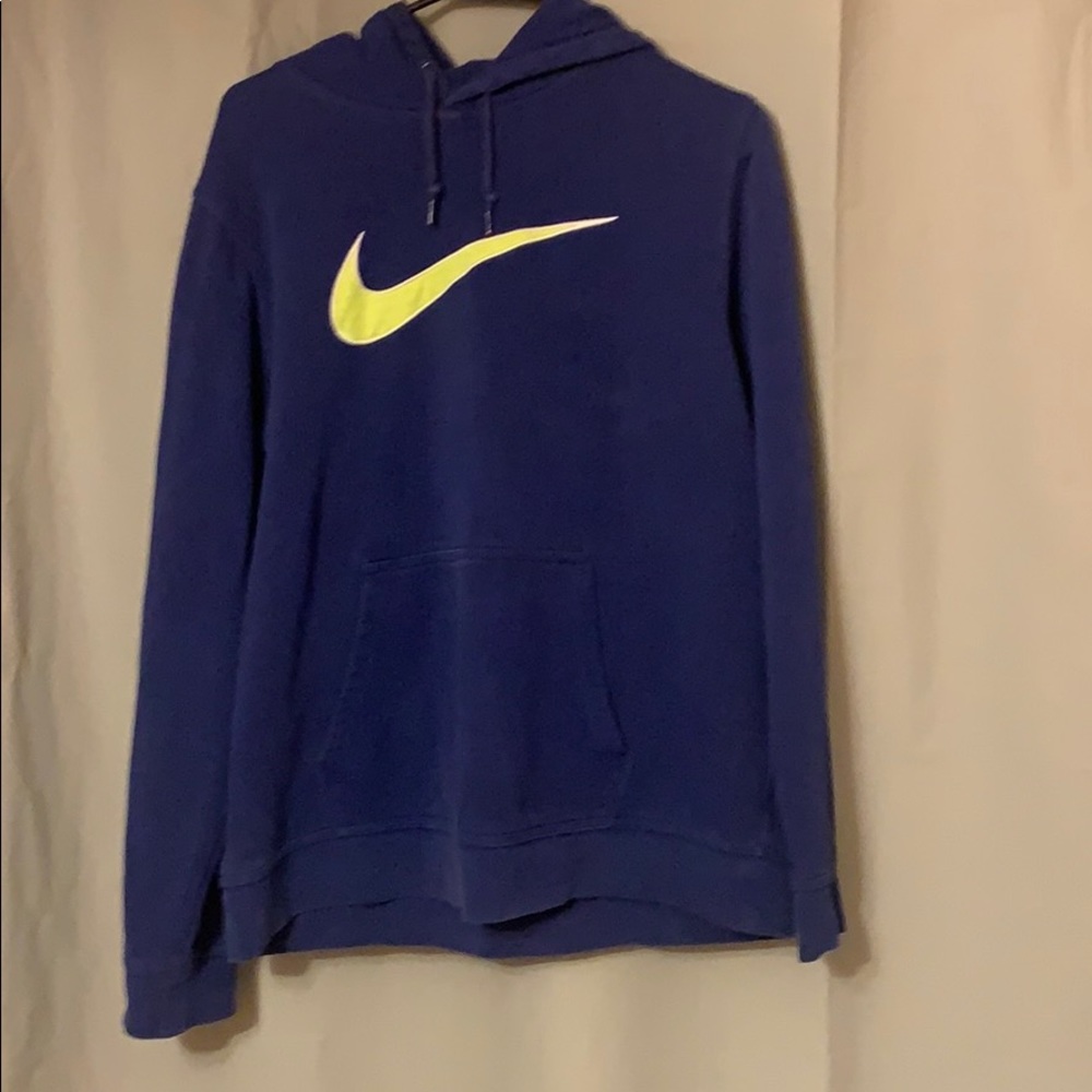 A used blue and Lime green Nike swish Hoodie